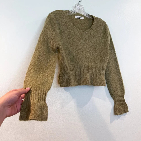 Carin Wester Mohair Wool Blend Green Ruffled Crew Neck Cropped Sweater Small - Picture 4 of 7